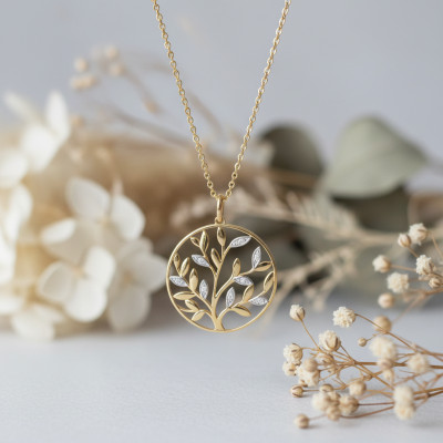 Collier arbre de vie, Plaqué or jaune & Rhodium, Oxydes, 43cm - Emanessence