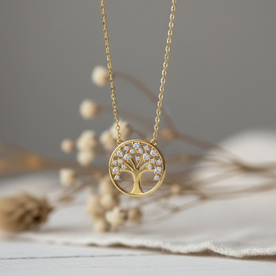 Collier arbre de vie, Plaqué or & Oxydes, 43cm - Emanessence