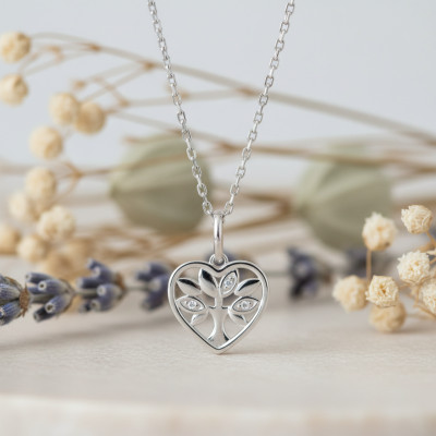 Collier arbre de vie coeur, Argent & Oxydes, 43cm - Emanessence