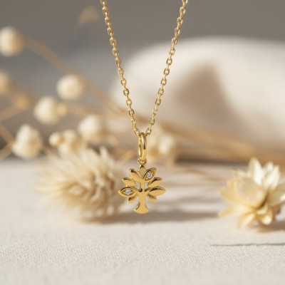 Collier pendentif arbre de vie, Plaqué or & Oxydes, 43cm - Emanessence