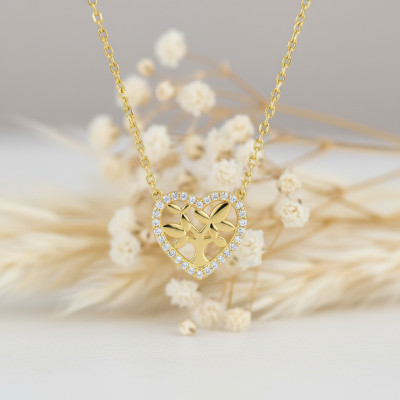 Collier arbre de vie coeur, Oxydes & Plaqué or, 43cm - Emanessence