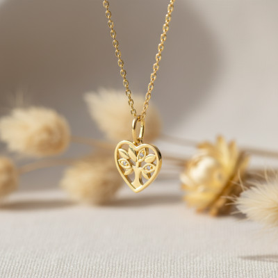 Collier arbre de vie coeur, Plaqué or & Oxydes, 43cm - Emanessence