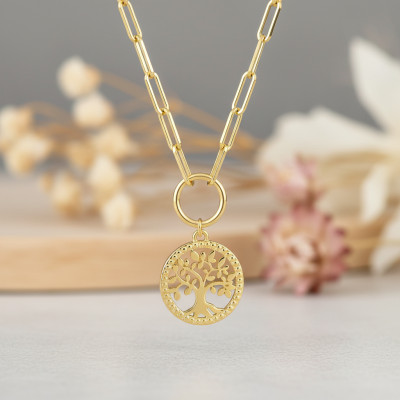 Collier arbre de vie, Plaqué or, maille rectangle 42cm - Emanessence