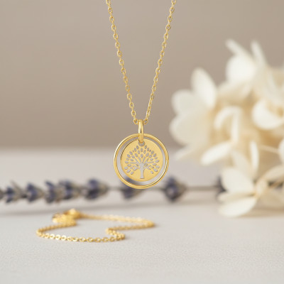 Collier Arbre de vie encerclé, Plaqué or, 42cm - Emanessence