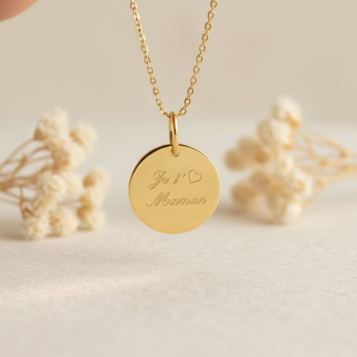 Pendentif Jeton "Je t'aime maman", Plaqué or, 15mm - Emanessence