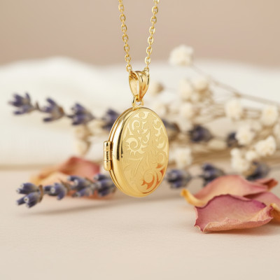 Pendentif Photo Ovale motifs fleuris, Or Jaune 375, 13x23.50mm - Emanessence