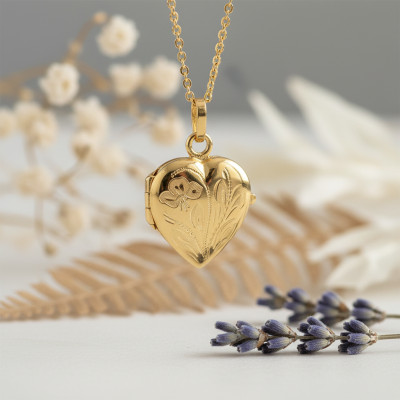 Pendentif Porte Photo Coeur & Motif Floral, Or Jaune 375, 16x25mm - Emanessence