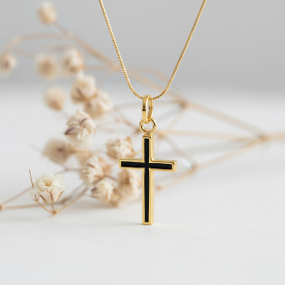 Pendentif Croix, Or Jaune & Laque noir, 18x12mm - Emanessence