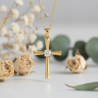 Pendentif Croix, Or Jaune 375 & Diamant Solitaire 0,03 ct - Juweel