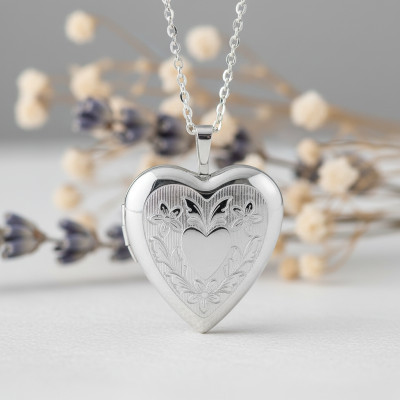 Pendentif Porte Photo Coeur Fleurs & Ailes, Argent 925, 20x25mm - Artemis