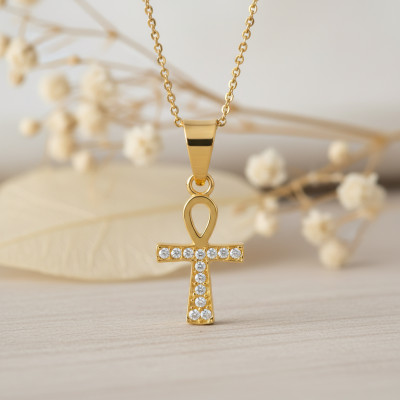 Croix de vie Egyptienne, Or jaune 750 & Zircons, 14 x 8 mm - Lumiosa