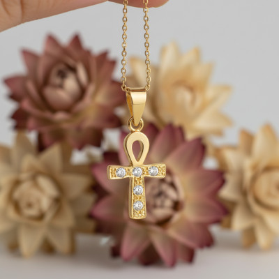 Croix de vie Egyptienne, Or Jaune 750 & Zircons,14x10mm - Lumiosa