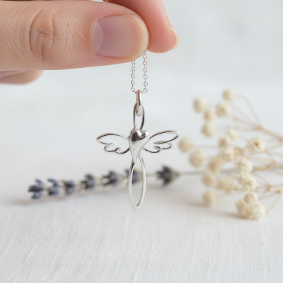 Pendentif Croix Coeur Ailé, Argent 925, 30x19mm - Emanessence