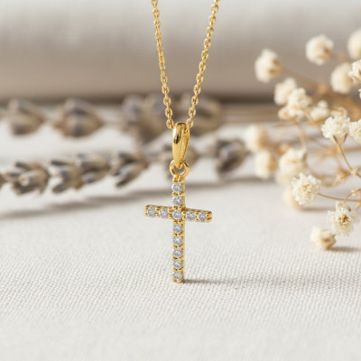 Pendentif Croix, Or Jaune 750 & Diamants 0,11 ct, 13.5x8.2mm - Emanessence