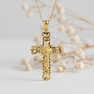 Croix Christ Filigrane, Or Jaune 750, 42x27 mm - Lumiosa