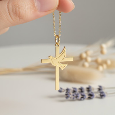 Pendentif Croix & Colombe, Or Jaune, 30mm - Lucas Lucor