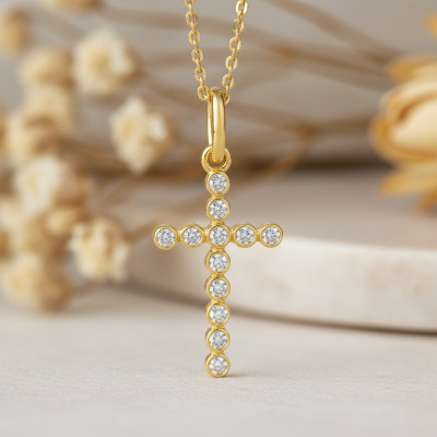 Croix stylisée, Or jaune 750 et Zircones, 10x16mm - Emanessence