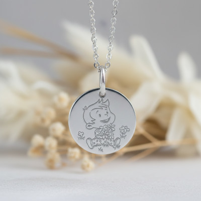 Médaille Garçon & Fleurs, Or Blanc, 16mm - La Fée Galipette