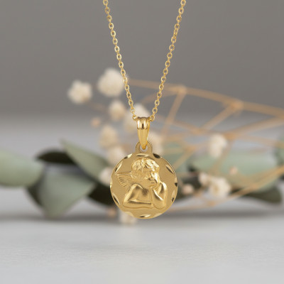 Médaille Ange Pensif Facettée, Or Jaune, 14 mm - Lumiosa
