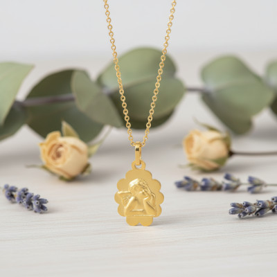 Médaille Ovale Bord Fleuri Ange Raphaël, Or Jaune 375, 16x12 mm - Emanessence