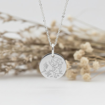 Médaille Fille & Papillon, Or Blanc, 16mm - La Fée Galipette