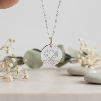 Médaille Fille & Oiseau, Or Blanc, 16mm - La Fée Galipette