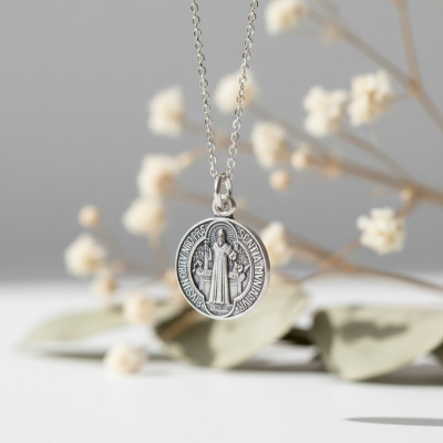 Médaille Saint Benoit, Argent Vieilli, 18mm - Emanessence