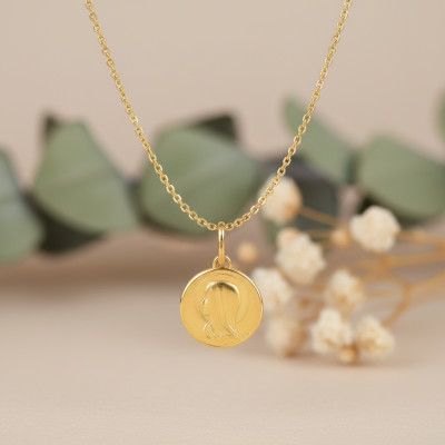 Médaille Vierge de Profil, Or Jaune 750, 15 mm - Lucas Lucor