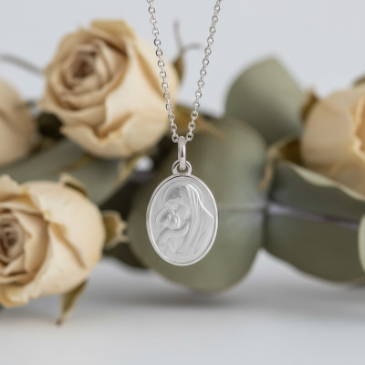 Médaille Ovale Vierge à l'Enfant, Argent, 19x15mm - Emanessence