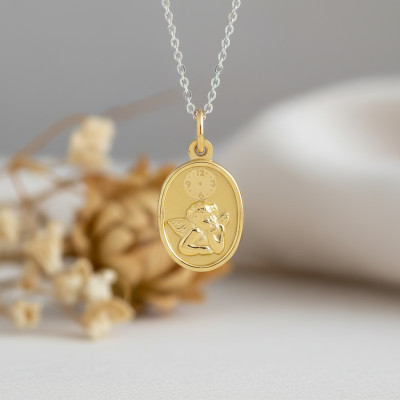 Médaille Ange & Horloge ovale, Or Jaune 750, 12x16mm - Argyor