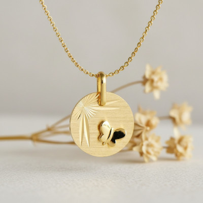 Médaille Papillon, Or Jaune 750, 14mm - Lucas Lucor