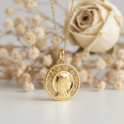 Médaille Ronde Vierge, Or jaune 750, 18mm - Emanessence