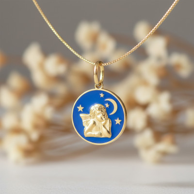 Médaille Ange de la Nuit, Or jaune 750 & Laque, 15mm - Emanessence