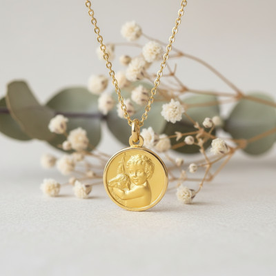 Médaille Ange Enfant & Agneau, Or jaune 750, 17mm - Emanessence