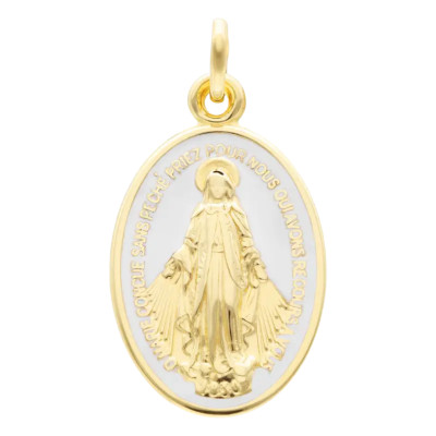 Médaille Ovale Vierge Miraculeuse, Or Jaune 375 & Émail Blanc - Lumiosa