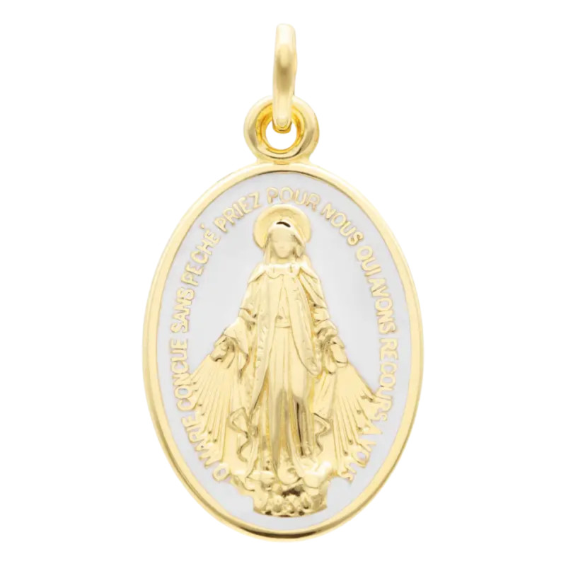 Médaille Ovale Vierge Miraculeuse, Or Jaune 375 & Émail Blanc - Lumiosa