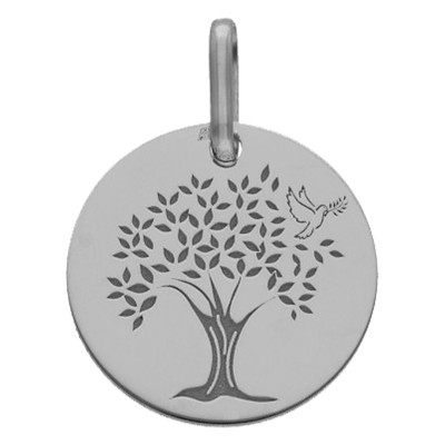 Médaille Colombe arbre de vie, Or Blanc 375, 16mm - Lucas Lucor