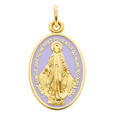 Médaille Vierge Miraculeuse, Or Jaune 375 & Émail Violet - Lumiosa