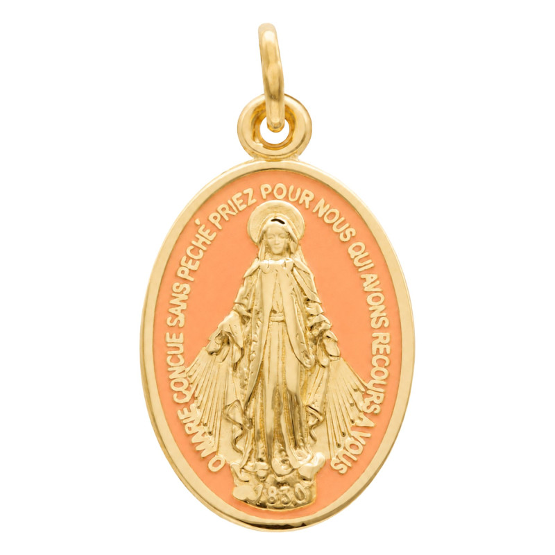 Médaille Vierge Miraculeuse, Or Jaune 375 & Émail Orange - Lumiosa