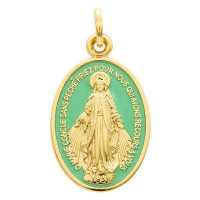 Médaille Vierge Miraculeuse, Or Jaune 375 & Émail Vert - Lumiosa