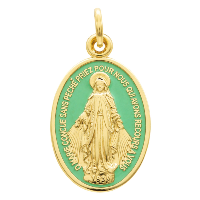 Médaille Vierge Miraculeuse, Or Jaune 375 & Émail Vert - Lumiosa