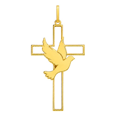 Pendentif Croix Ajourée & Colombe, Or Jaune, 26 mm - Lumiosa