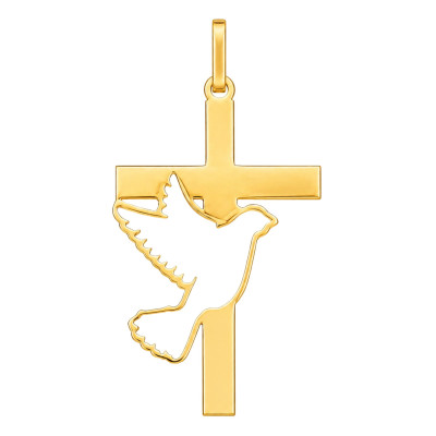 Pendentif Croix & Colombe Ajourée, Or Jaune, 26 mm - Lumiosa