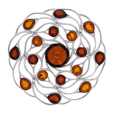 Broche forme rosace, Argent 925/1000 rhodié & Ambre - Emanessence