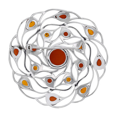 Broche forme rosace, Argent 925/1000 rhodié & Ambre - Emanessence