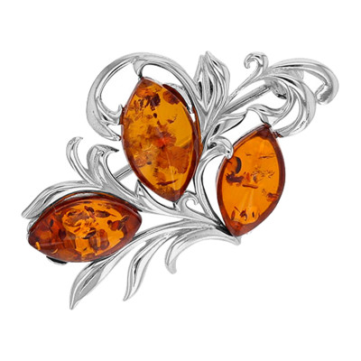 Broche forme feuillage, Argent 925/1000 rhodié & Ambre - Emanessence