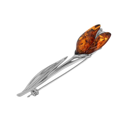 Broche en forme de tulipe, Argent 925/1000 rhodié & Ambre - Emanessence