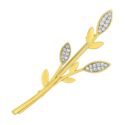 Broche Feuilles plaqué or, rhodium et oxydes de zirconium, 58mm - Emanessence