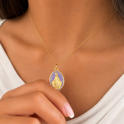 Médaille Vierge Miraculeuse, Or Jaune 375 & Émail Violet - Lumiosa