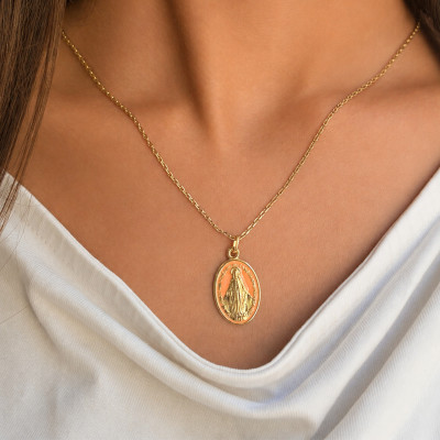 Médaille Vierge Miraculeuse, Or Jaune 375 & Émail Orange - Lumiosa